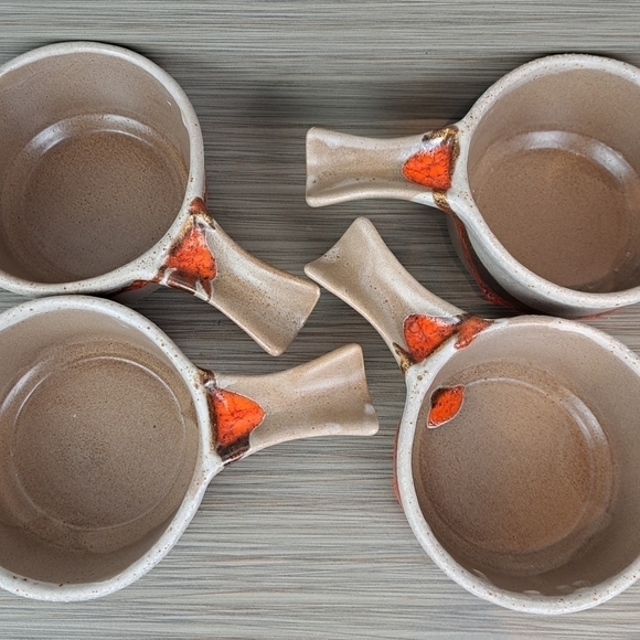 VINTAGE Laurentian pottery set of 4 soup bowl orange lava drip glaze # 643 - Picture 4 of 16